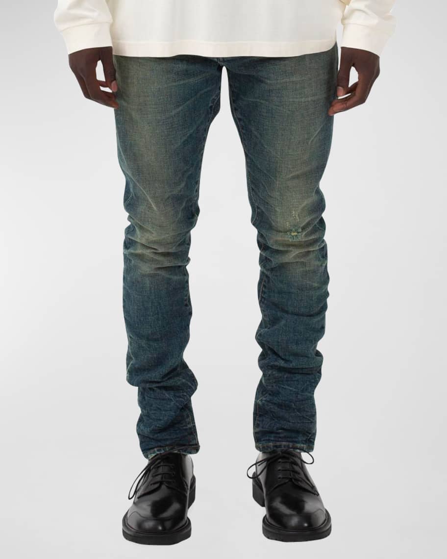 PURPLE Men's Distressed Slim-Fit Dirty Jeans | Neiman Marcus