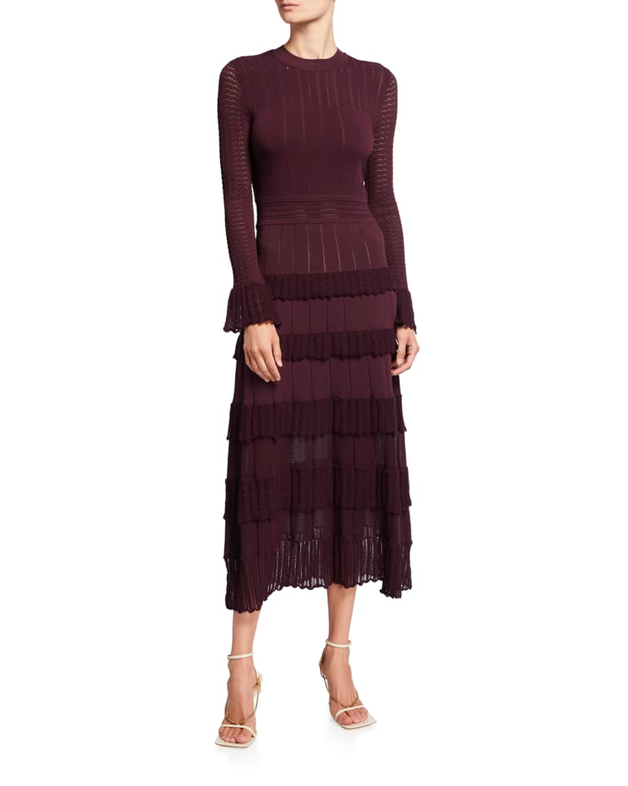 Lela Rose Ruffle-Trim Knit Midi Dress | Neiman Marcus