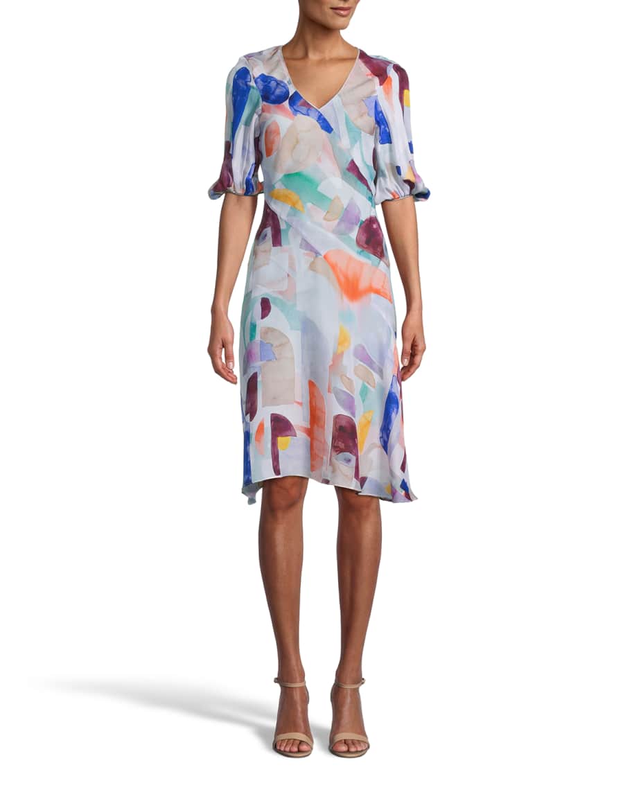 Robert Graham Olivia Watercolor Abstract Elbow-Sleeve Dress | Neiman Marcus