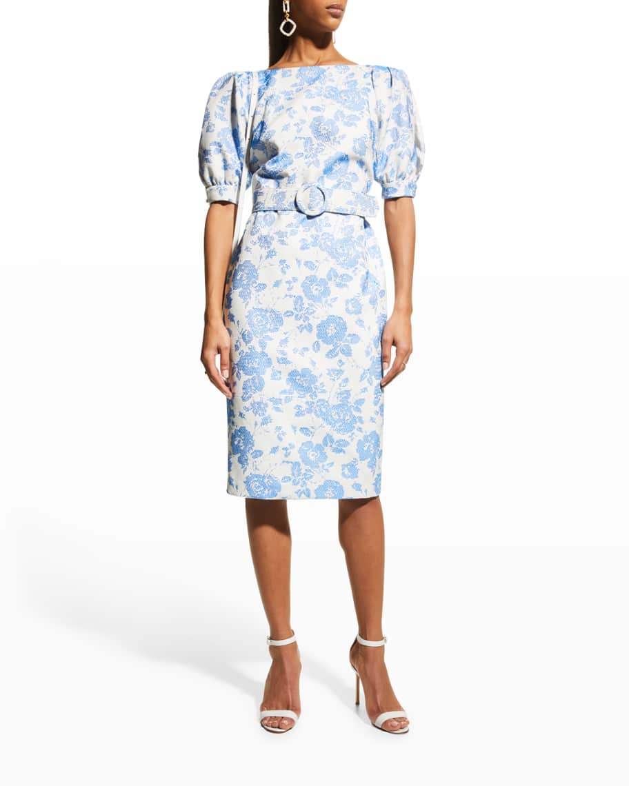 Badgley Mischka Collection Floral Jacquard Puff-Sleeve Belted