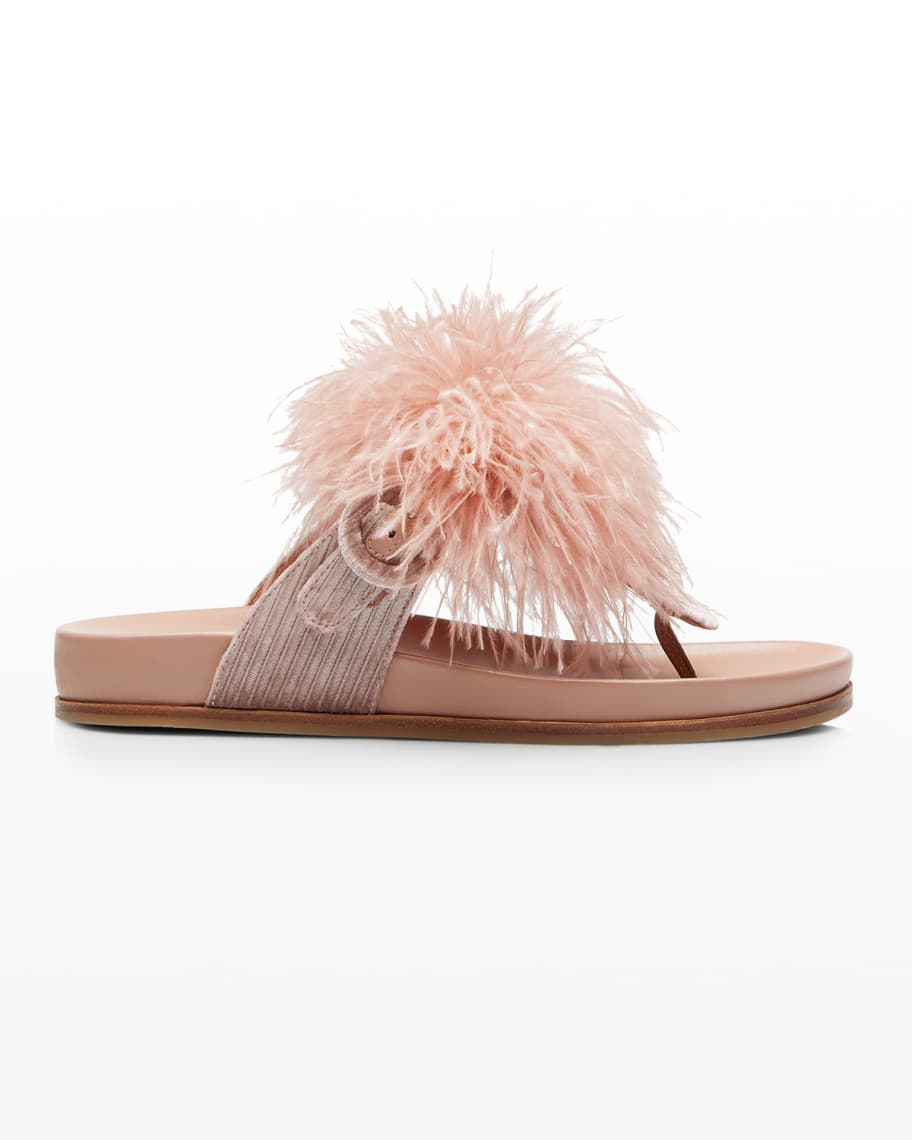 Aquazzura Boudoir Velvet Feather Thong Sandals | Neiman Marcus