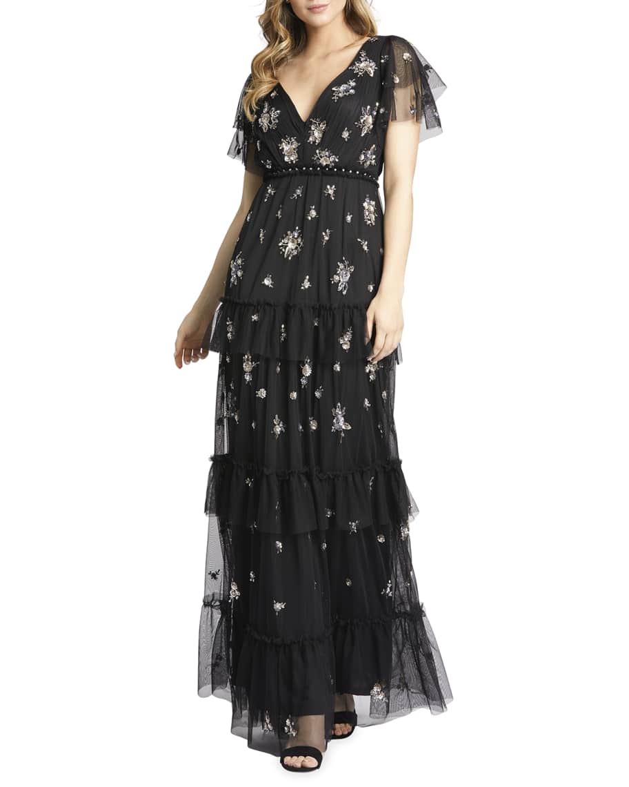 Mac Duggal Sequined V Neck Ruffle Tiered Gown Neiman Marcus
