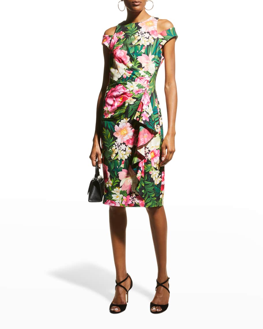 Tadashi Shoji Floral-Print Cutout-Shoulder Sheath Dress | Neiman Marcus