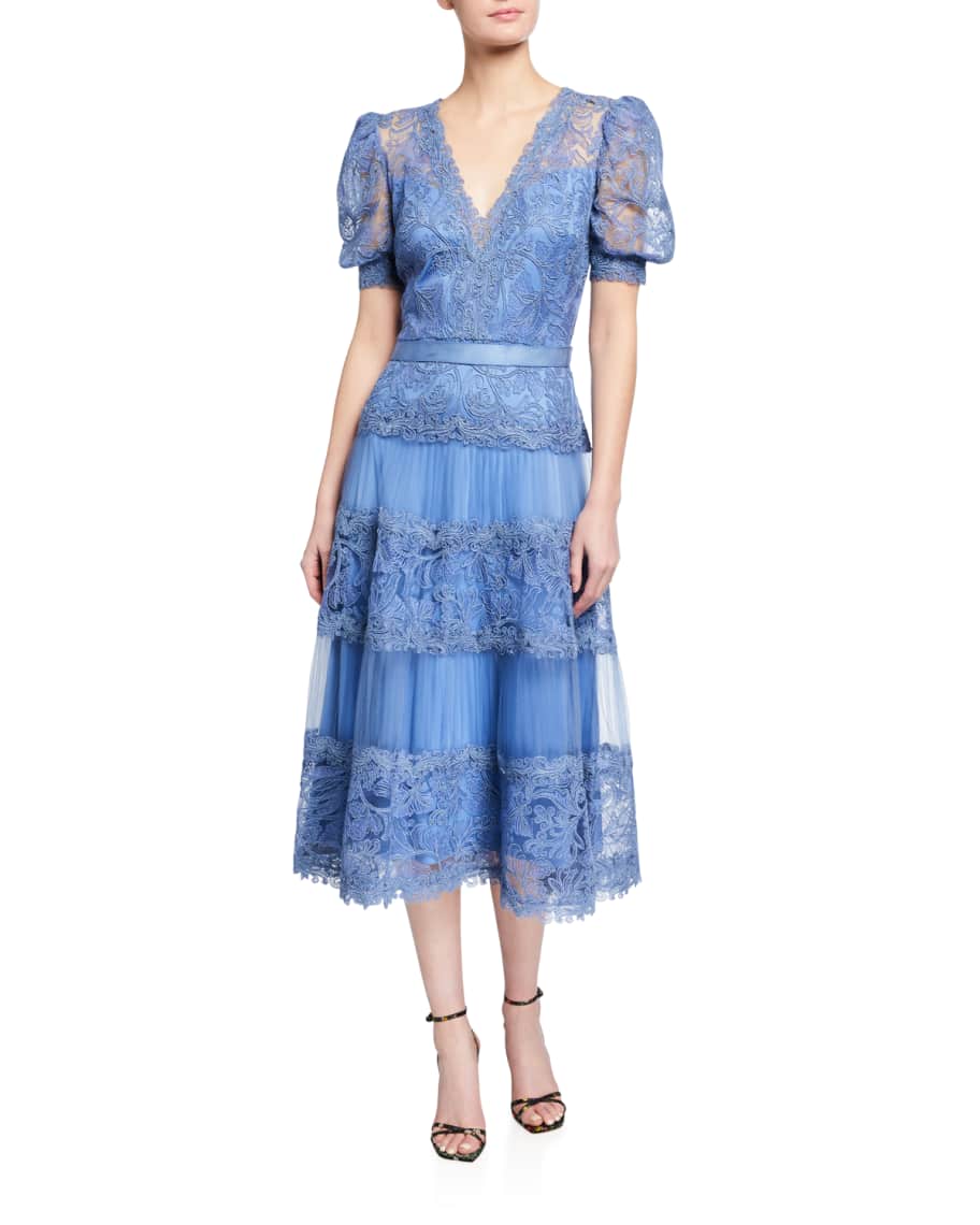 Tadashi Shoji V-Neck Short-Sleeve Lace Tiered Midi Dress | Neiman Marcus