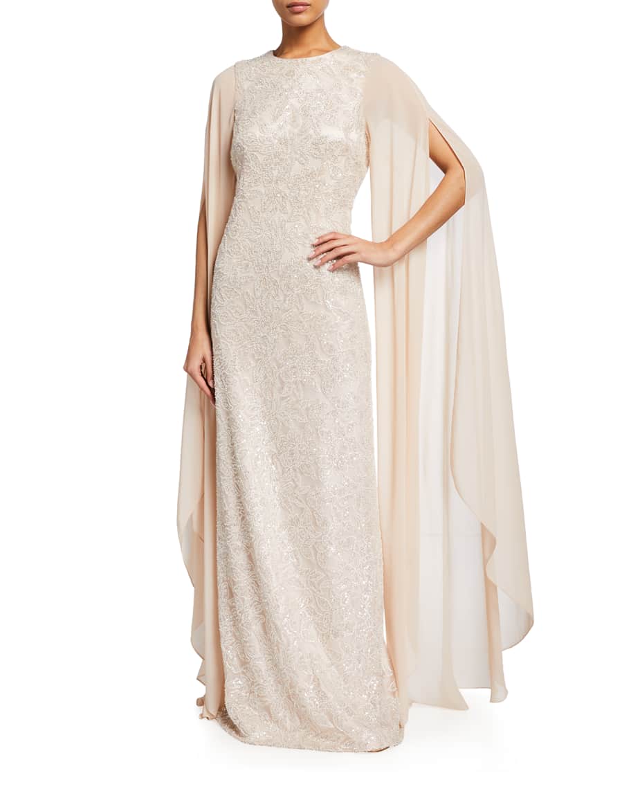 Rickie Freeman for Teri Jon Chiffon Cape-Sleeve Beaded Column Gown ...