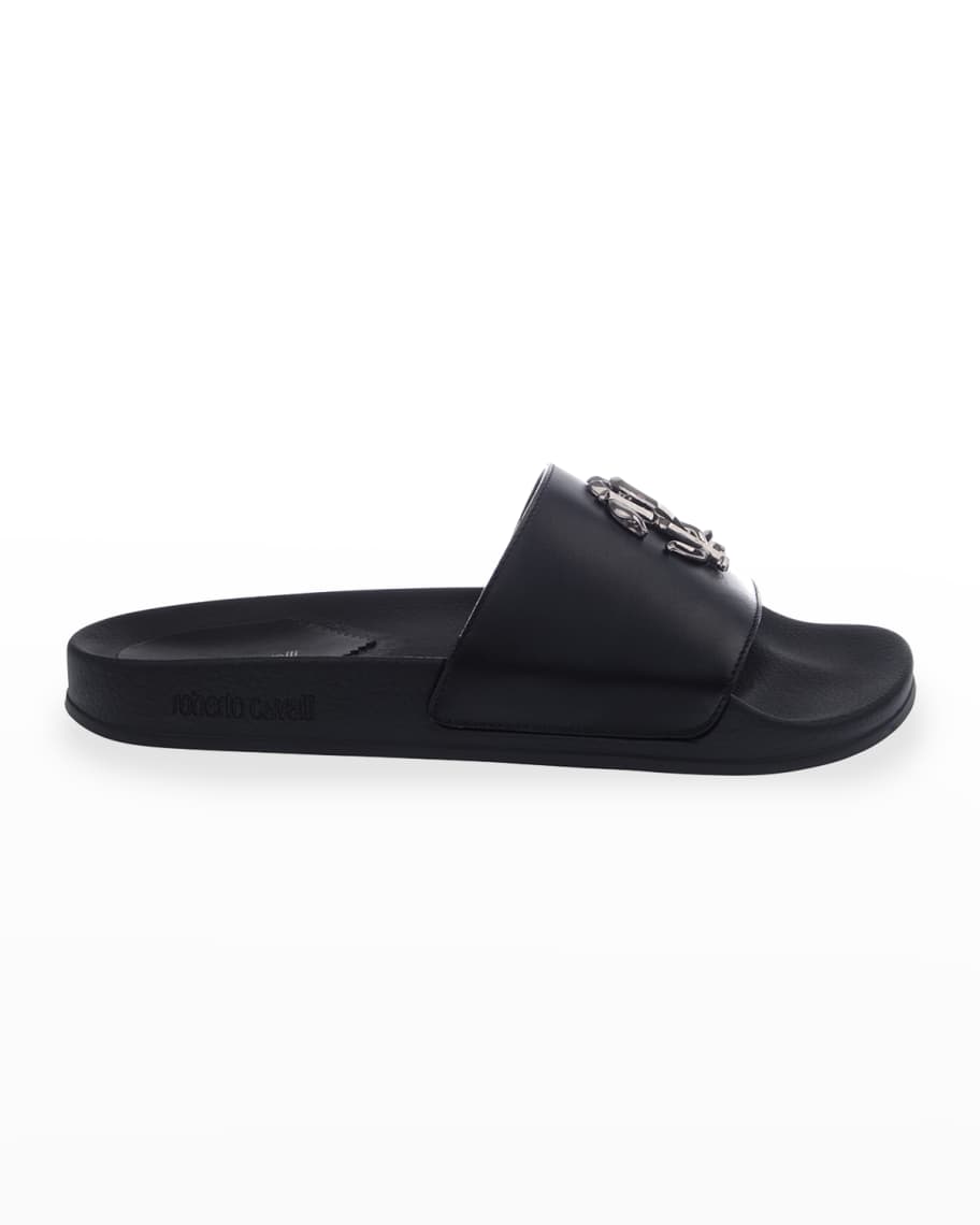 Roberto Cavalli Men's Logo Leather Pool Slide Sandals | Neiman Marcus