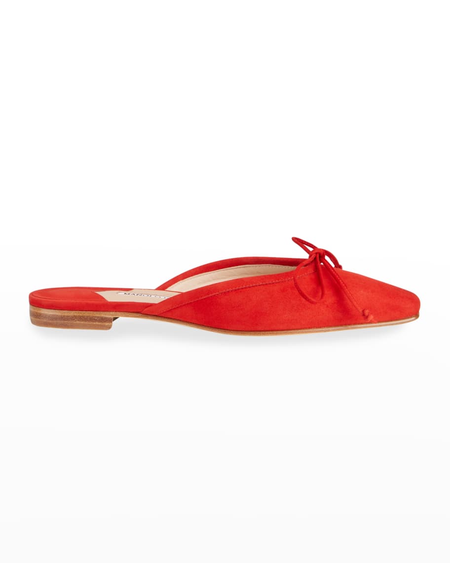 Manolo Blahnik Ballerimu Suede Bow Ballerina Flat Mules, Red