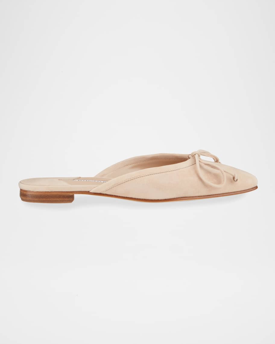 Manolo Blahnik Ballerimu Suede Bow Ballerina Flat Mules | Neiman