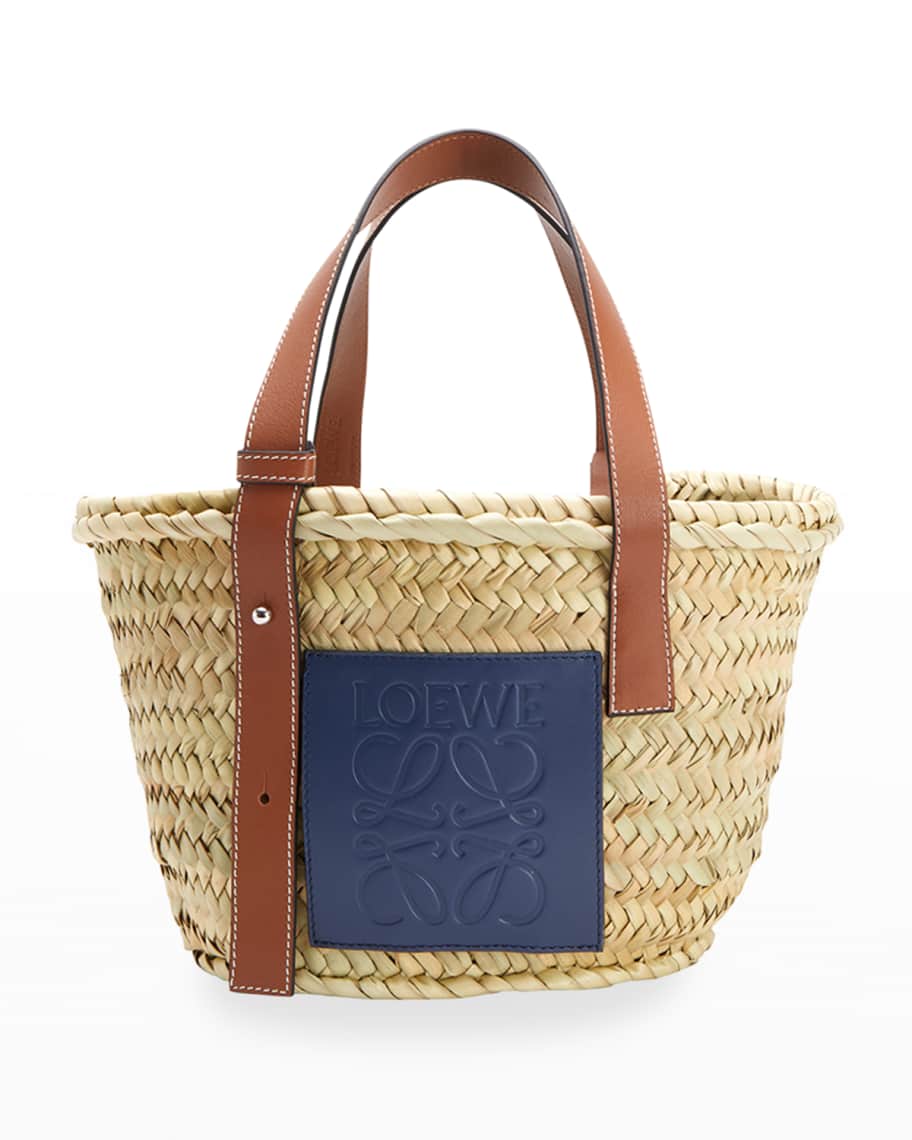 Basket bag in palm leaf and calfskin Light Blue - LOEWE