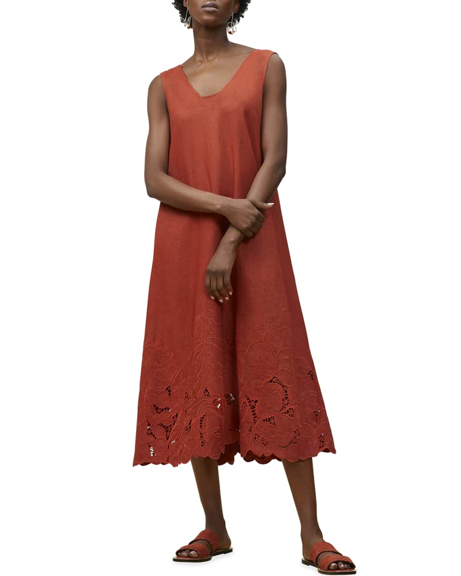 Lafayette 148 New York Harper Linen Embroidered Hem Midi Dress