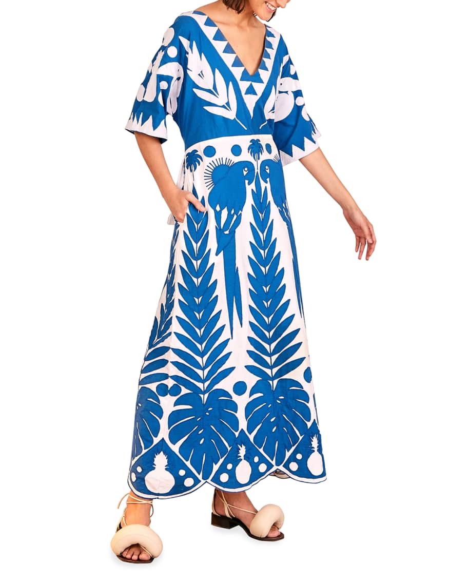 Farm Rio Blue Patchwork Embroidered Maxi Dress | Neiman Marcus