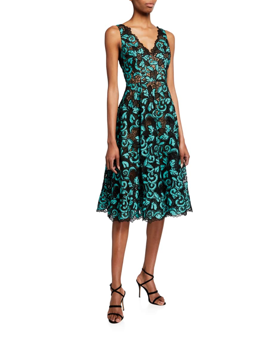 Dress The Population Blair Deep V Neck Lace Fit Flare Dress