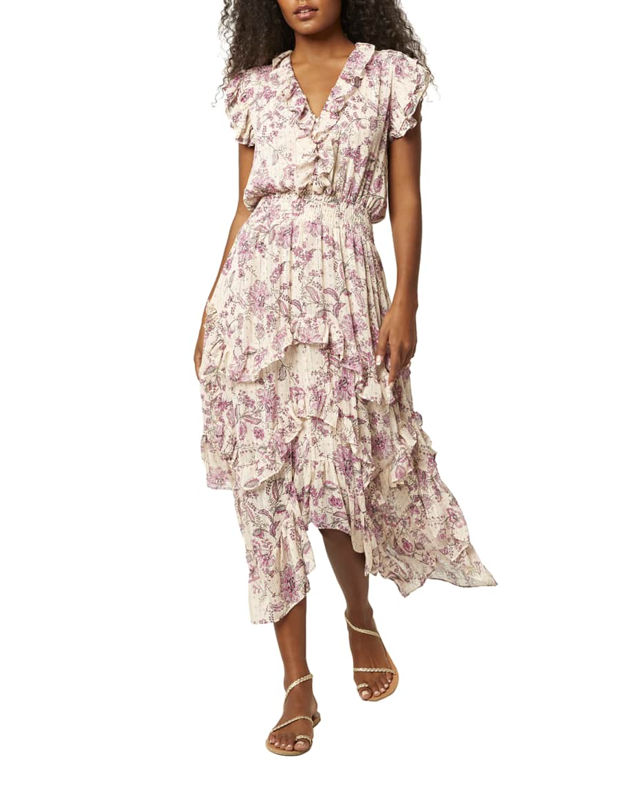 MISA Los Angeles Dakota Ruffle-Trim Midi Dress | Neiman Marcus