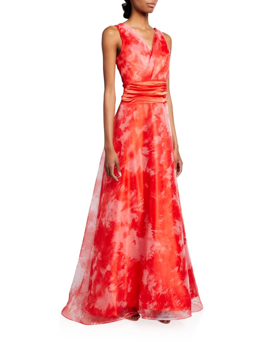 Rene Ruiz Collection V-Neck Floral-Print Organza A-Line Gown | Neiman ...