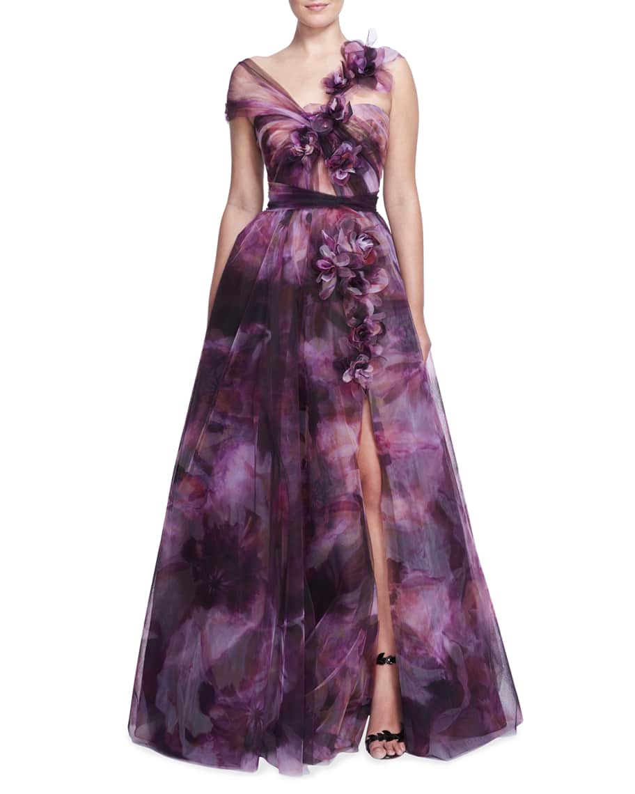 Marchesa Watercolor Tulle Draped Gown w/ 3D Floral Applique | Neiman Marcus