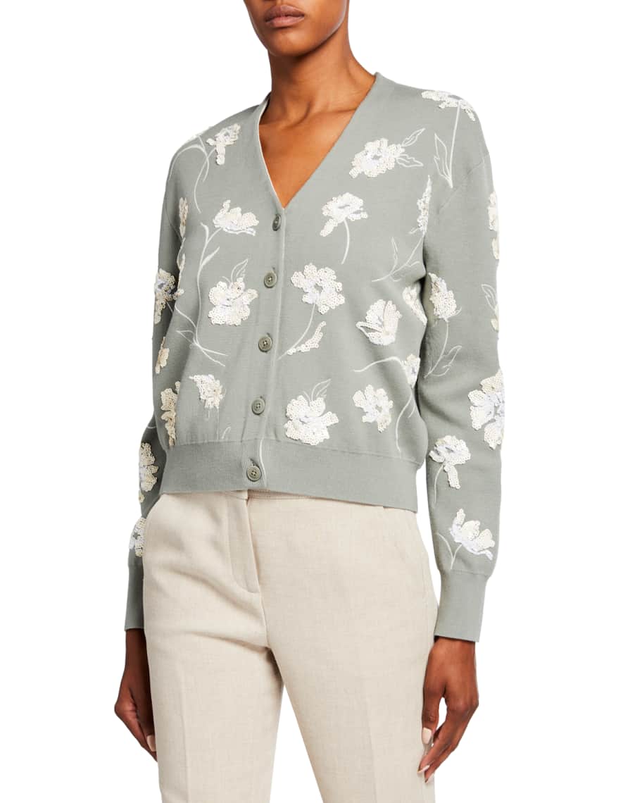 Tory Burch Floral-Embellished Double-Face Cardigan | Neiman Marcus