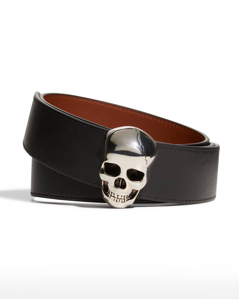Alexander McQueen Men's Reversible Skull-Buckle Leather Belt