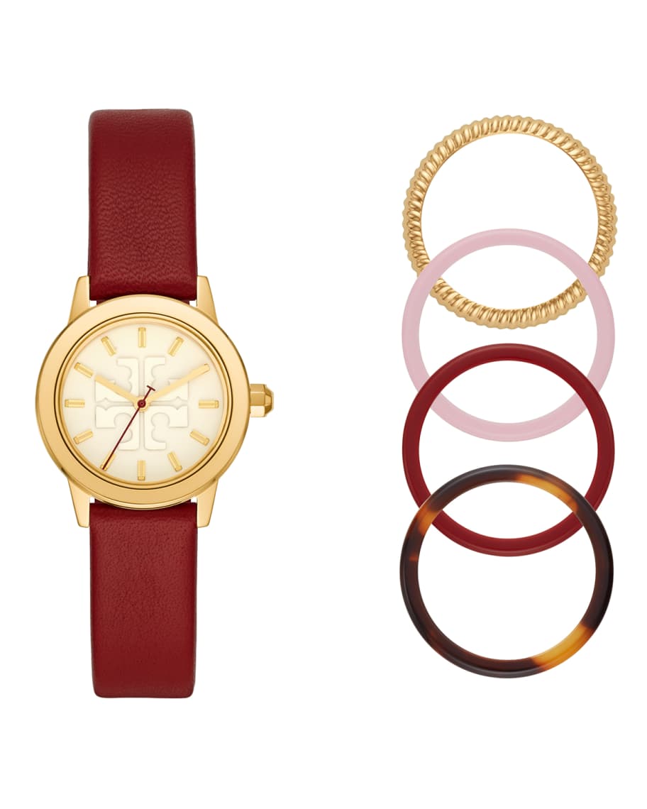 Tory Burch Gigi Leather Watch Gift Set w/ Top Rings | Neiman Marcus