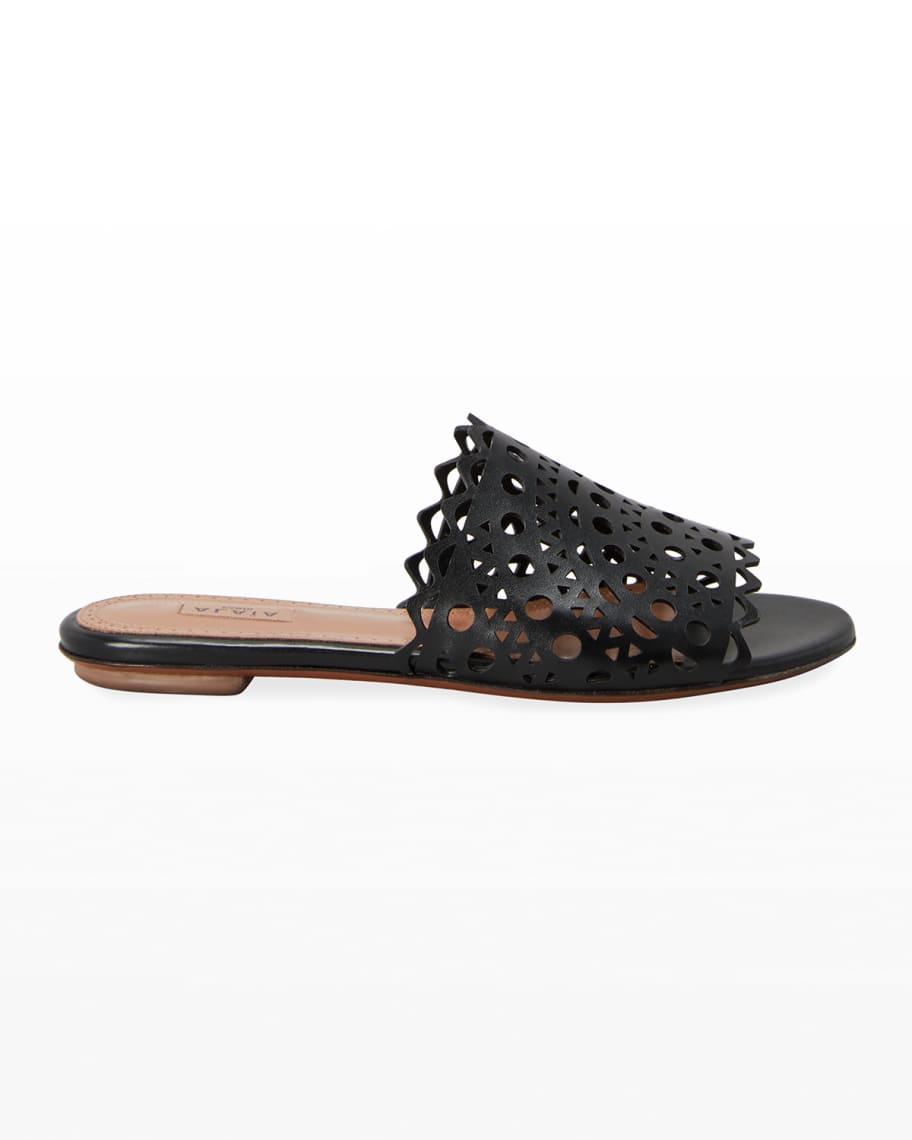 ALAIA Laser Cut Leather Slide Sandals | Neiman Marcus