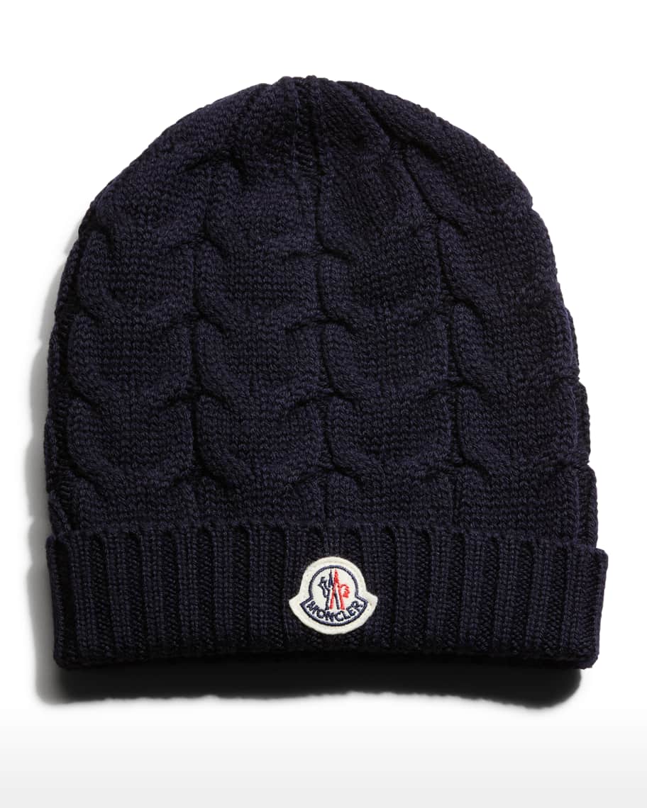 Moncler Kid's Cable-Knit Logo Virgin Wool Beanie Hat | Neiman Marcus