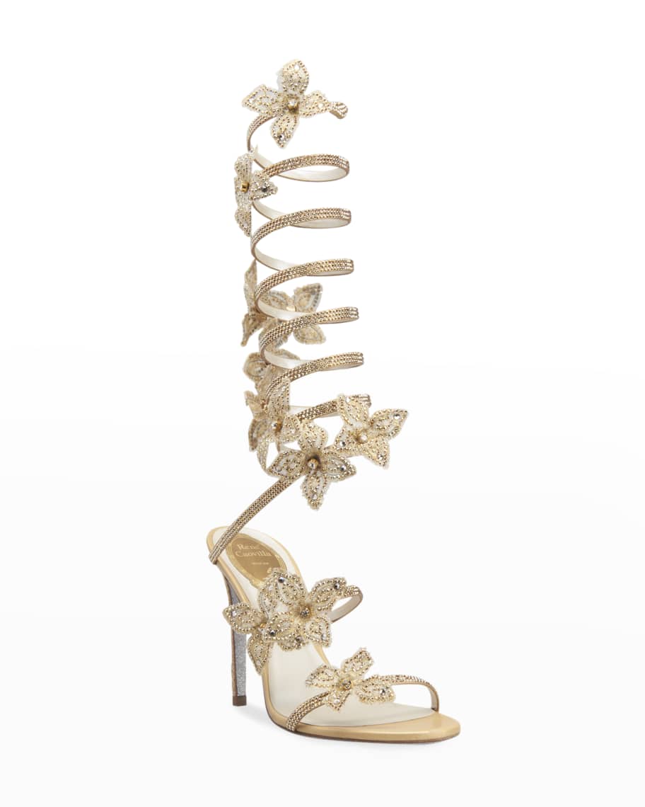 Rene Caovilla 105mm Snake-Wrap Crystal Floral Sandals Neiman Marcus