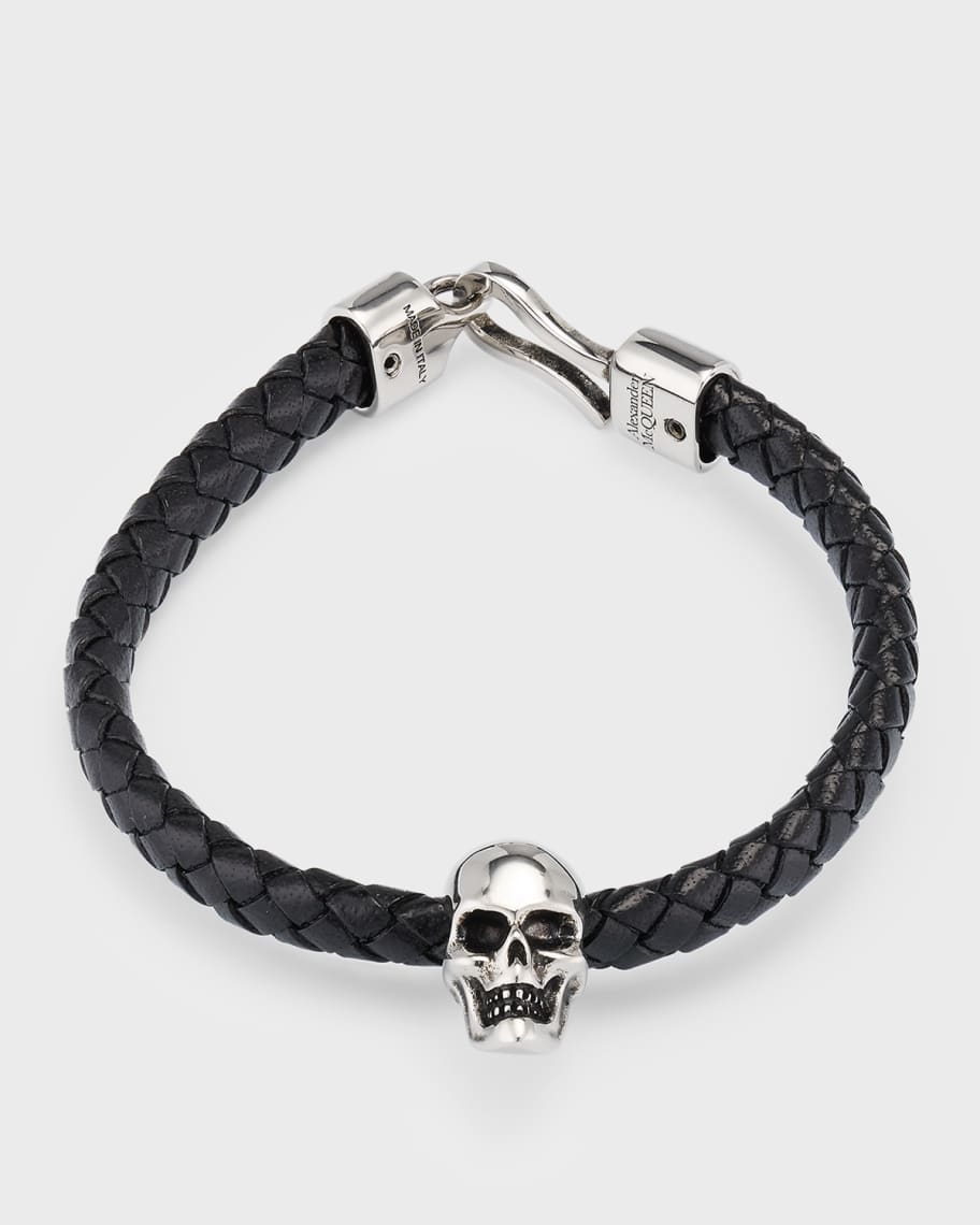 Alexander McQueen Men's Braided Leather Skull Bracelet | Neiman Marcus