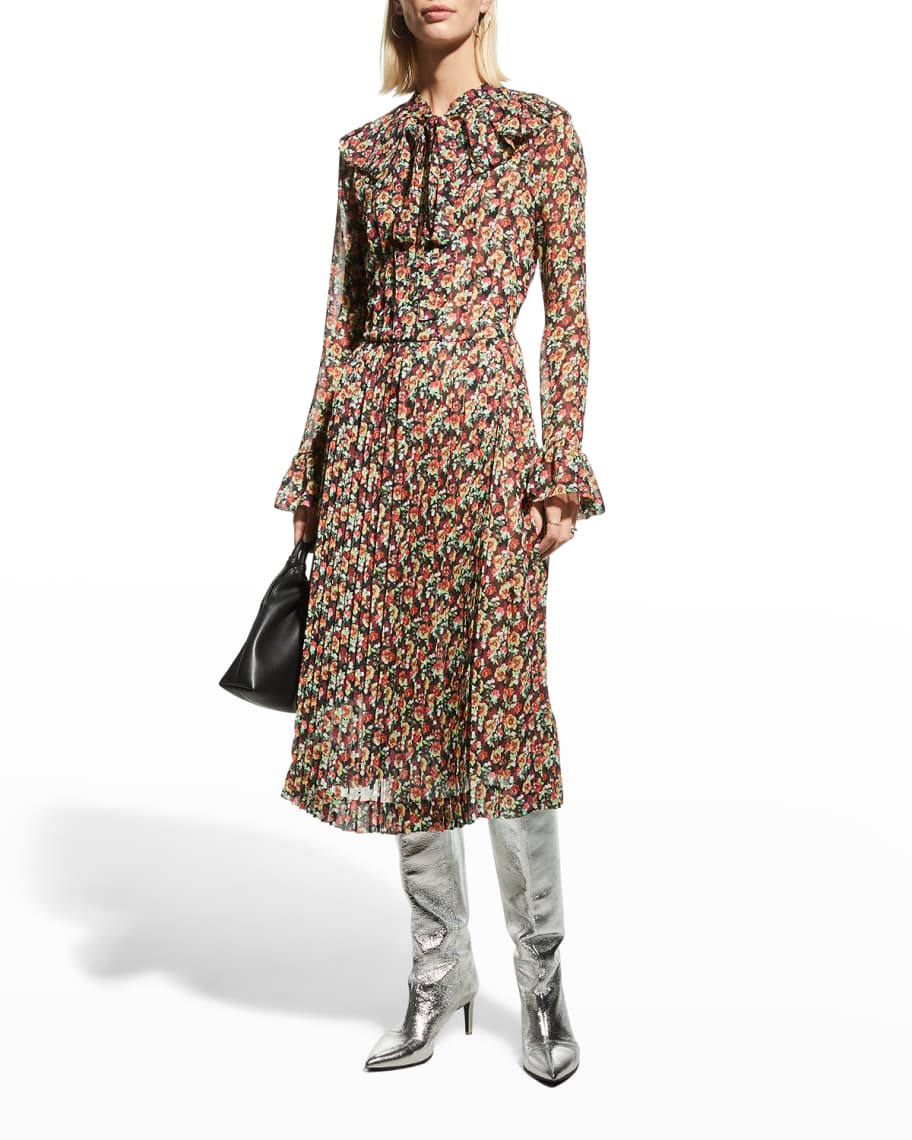 Victoria Beckham Floral-Print Pleated Tea Dress | Neiman Marcus