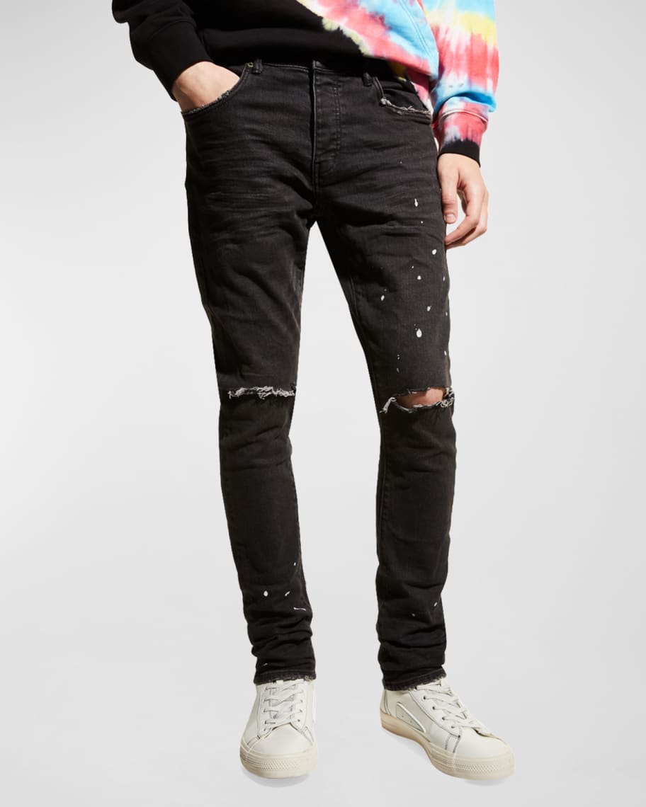 PURPLE Men's Distressed Paint-Splatter Slim Jeans | Neiman Marcus