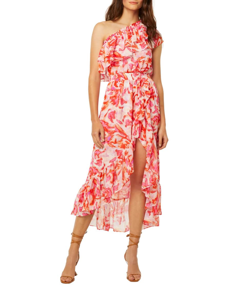 MISA Los Angeles Rumi Floral One-Shoulder Ruffle Dress | Neiman Marcus