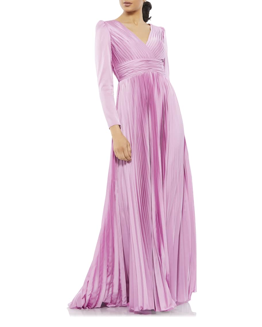 Ieena for Mac Duggal Long-Sleeve Pleated Chiffon A-Line Gown | Neiman ...