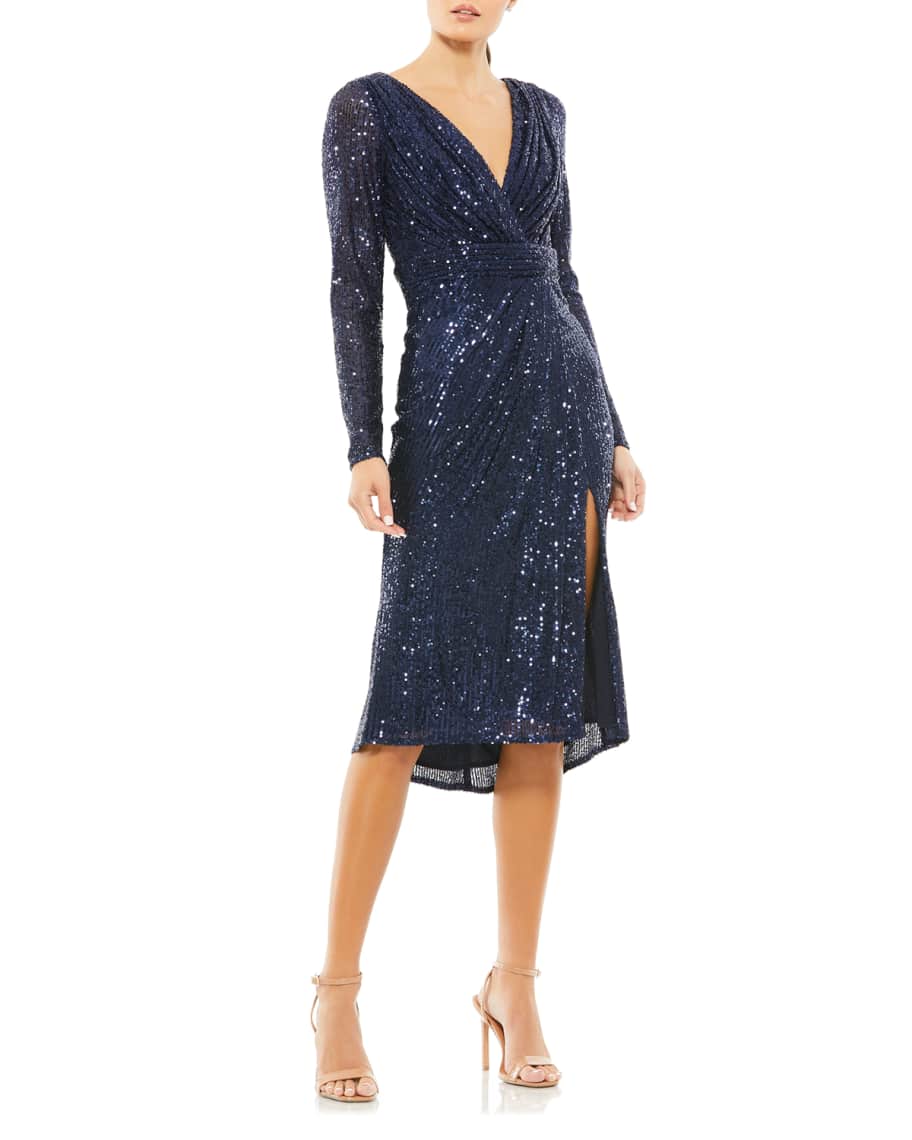 Ieena for Mac Duggal Shimmery Sequin Long-Sleeve Faux-Wrap Dress ...