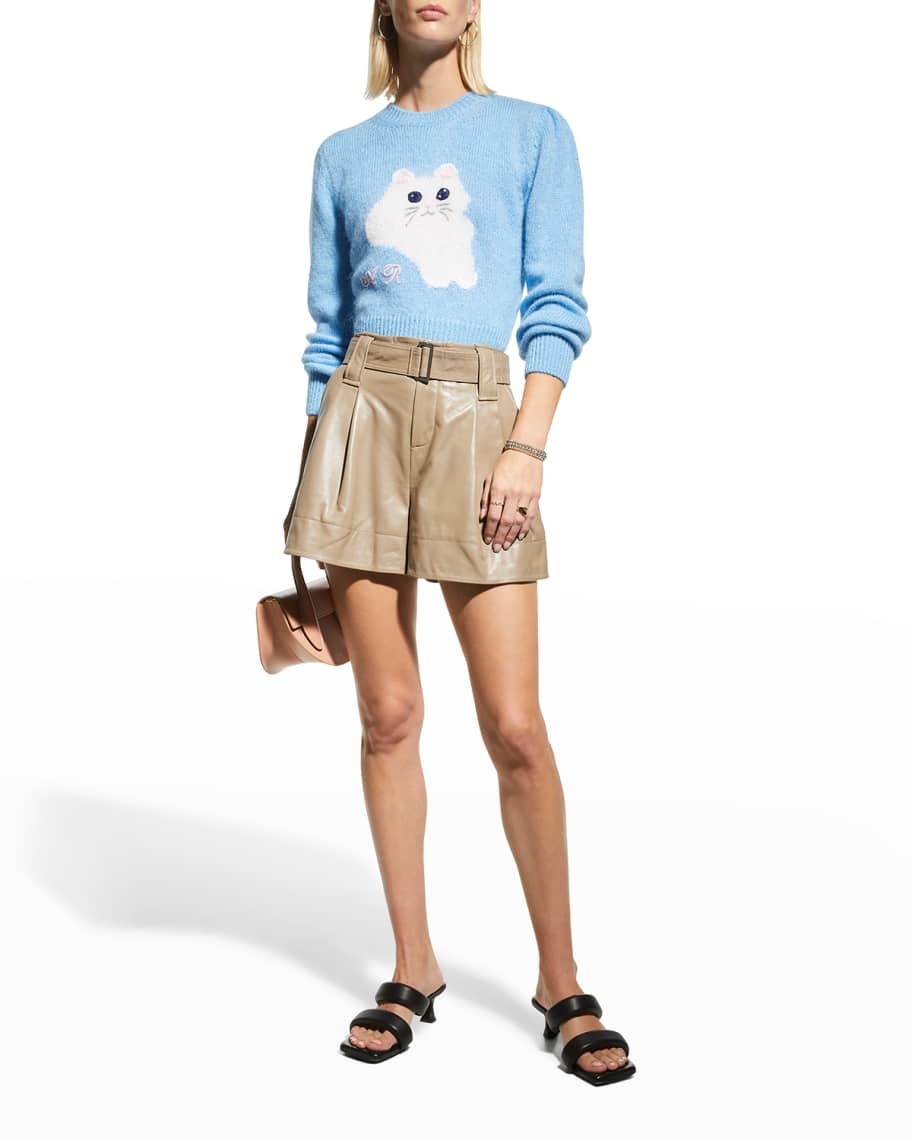 Alessandra Rich Wool Cat Intarsia Cropped Sweater in Light Blue