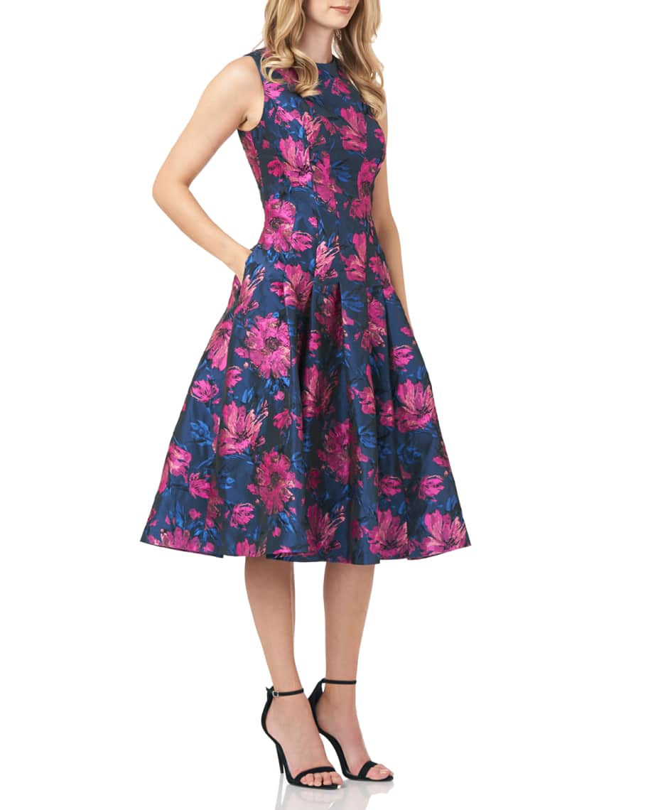 Kay Unger New York Floral Jacquard Sleeveless Midi Dress | Neiman Marcus