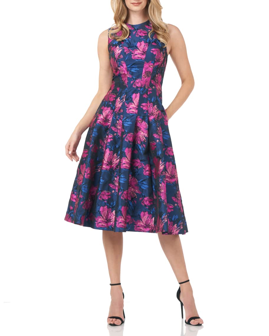 Kay Unger New York Floral Jacquard Sleeveless Midi Dress | Neiman Marcus