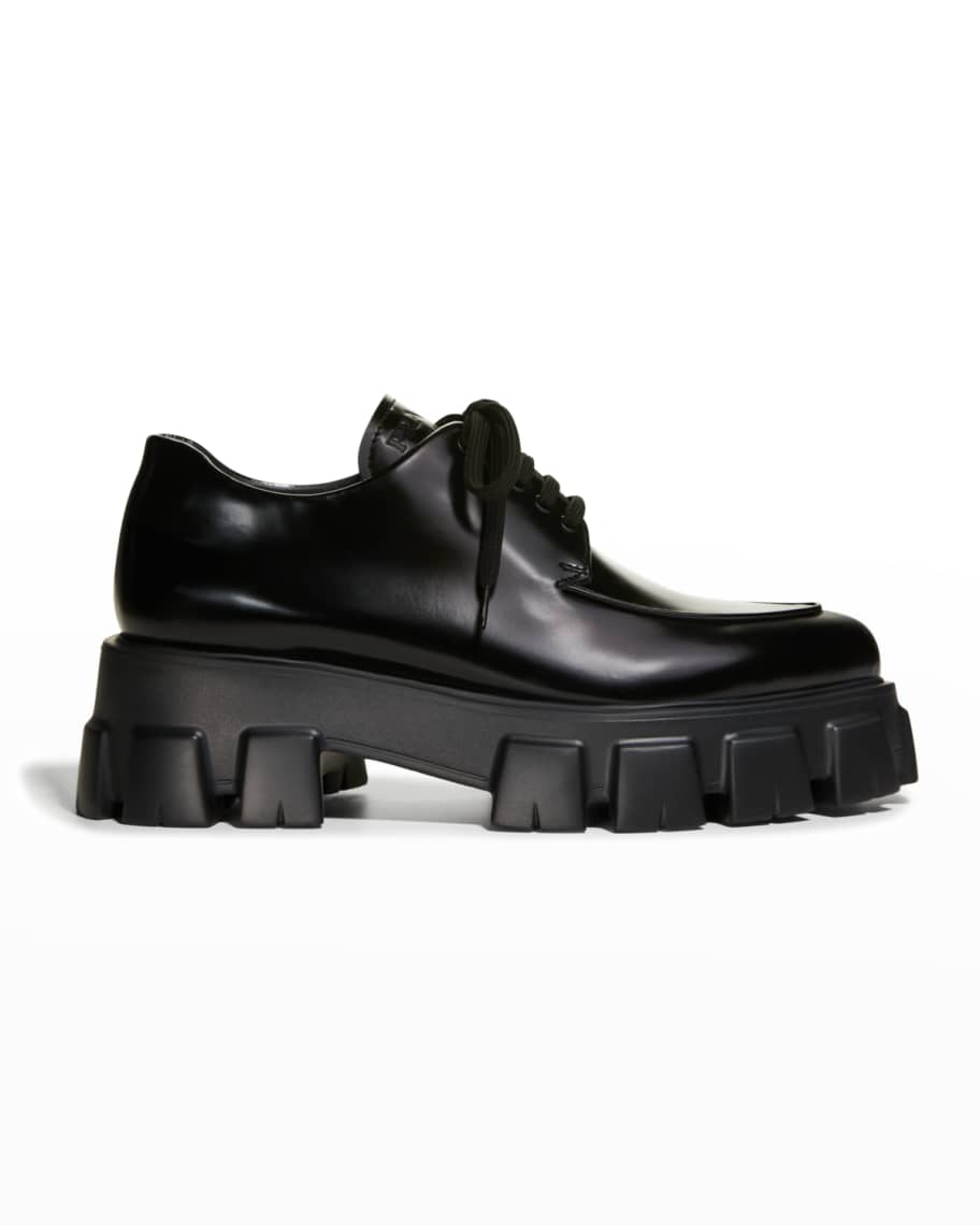 Prada Monolith Sharp Leather Lug-Sole Lace-Up Shoes | Neiman