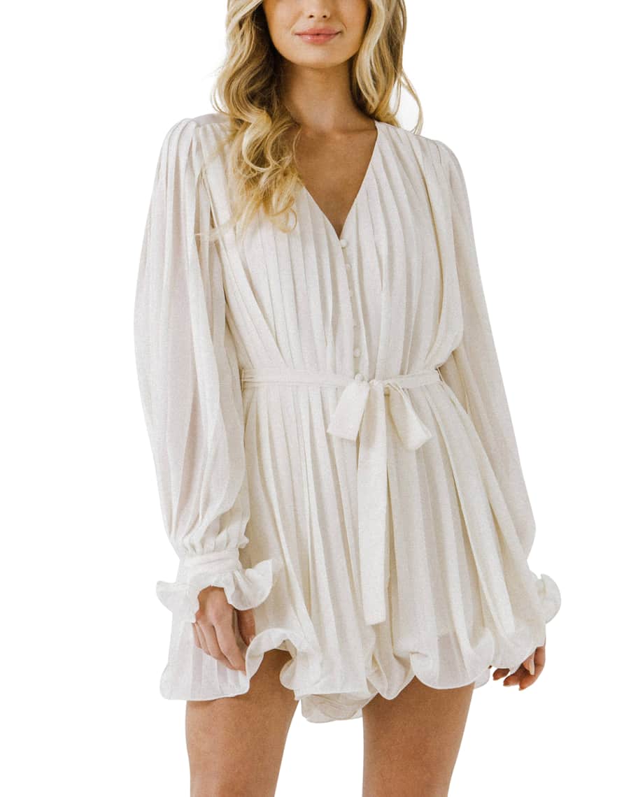 Endless Rose Pleated VNeck Romper with Ruffles Neiman Marcus