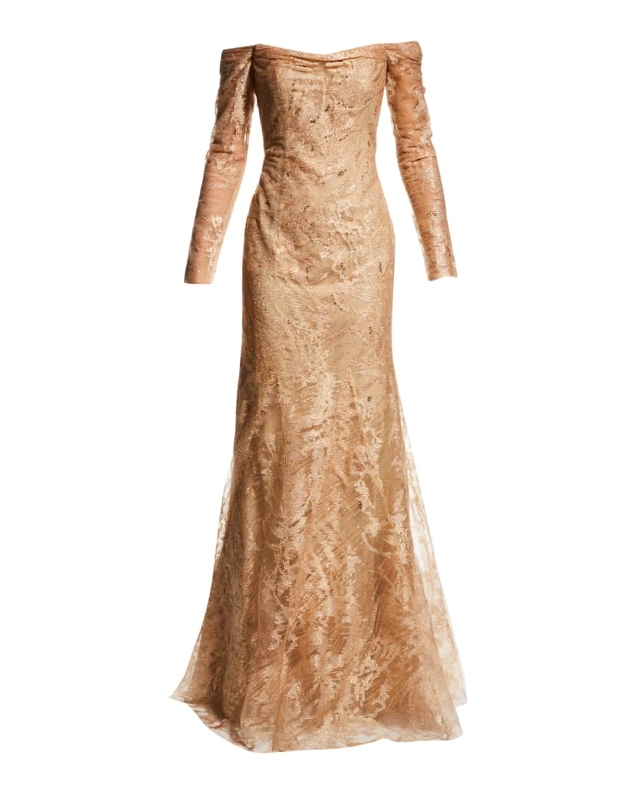 Rene Ruiz Metallic Long-Sleeve Off-Shoulder Gown | Neiman Marcus