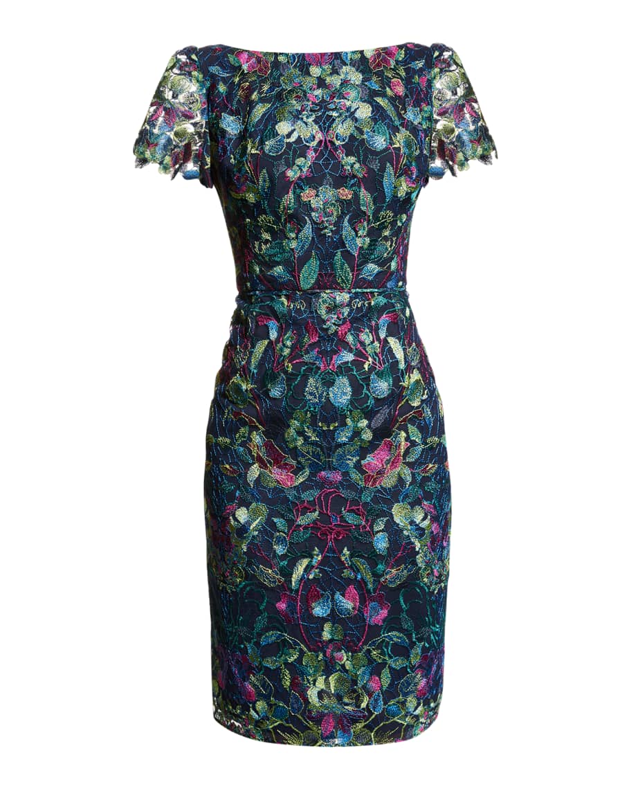 Marchesa notte sleeveless multicolor embroidered guipure lace dress Clearance