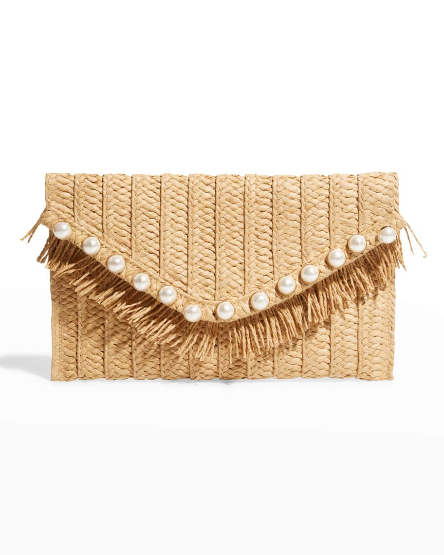 BTB Los Angeles JoJo Straw Pearl Stud Fringe Clutch Bag Neiman Marcus