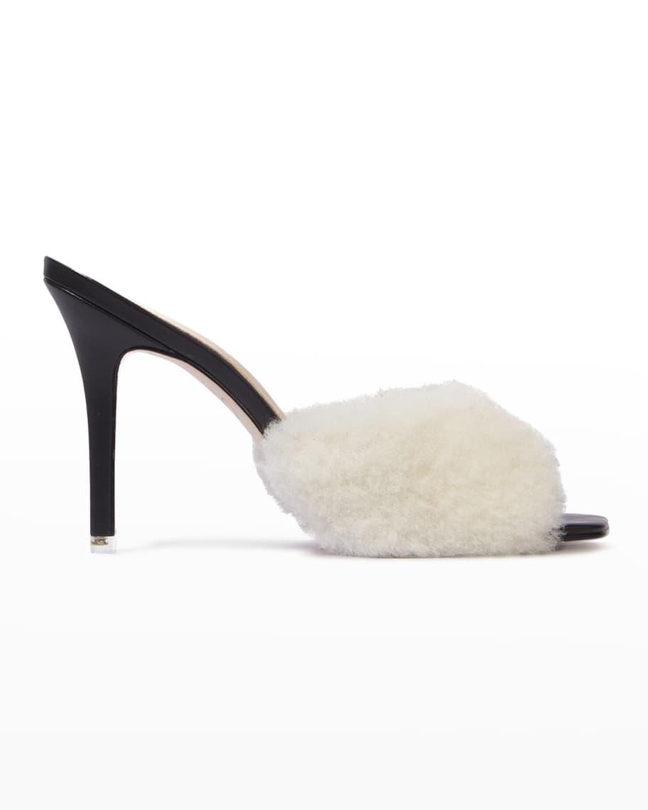 Black Suede Studio Macca Shearling Stiletto Slide Sandals | Neiman Marcus