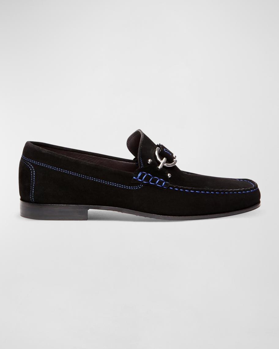 Donald J. Pliner Men’s Black Suede Slip-On Loafers with Contrast Stitching Donald Pliner Dacio Suede Loafers Black / Blue Stitch  main image 4