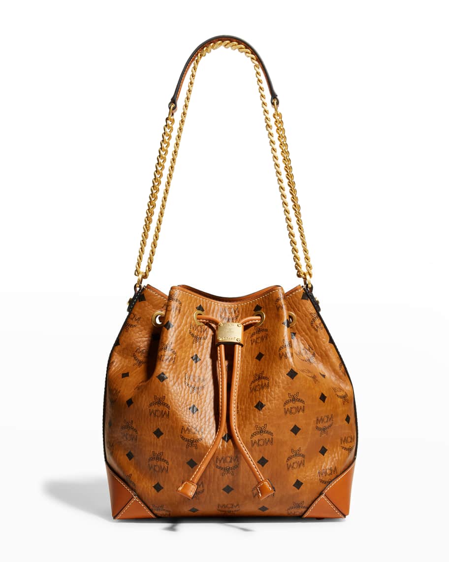 Mcm Drawstring Leather Bucket Bag In Green
