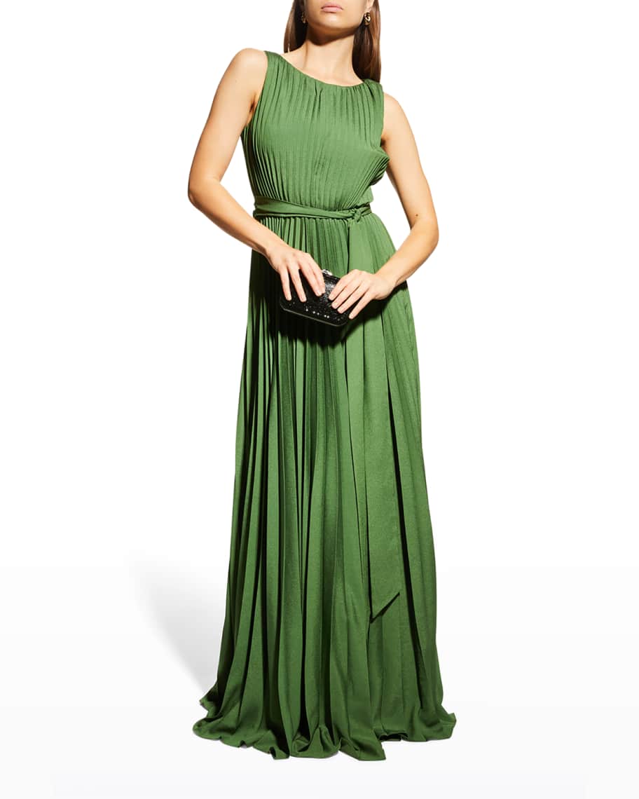 Badgley Mischka Collection Sunburst Pleated Sleeveless Gown | Neiman Marcus