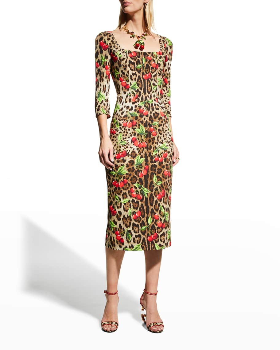 Dolce&Gabbana Tubino Leopard Cherry-Print Midi Dress | Neiman Marcus