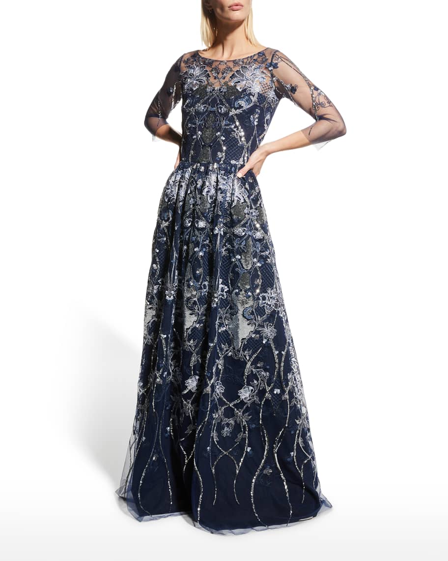 Marchesa notte silver embroidered gown discount