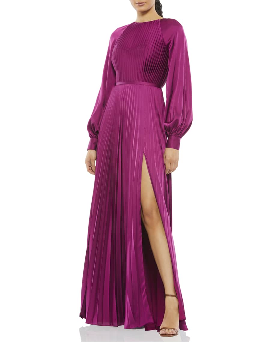 Ieena for Mac Duggal Puff-Sleeve Pleated Satin Gown | Neiman Marcus