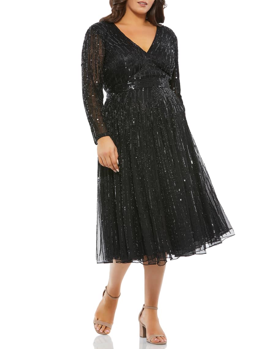 Mac Duggal Plus Size Long-Sleeve Sequin Midi Dress | Neiman Marcus