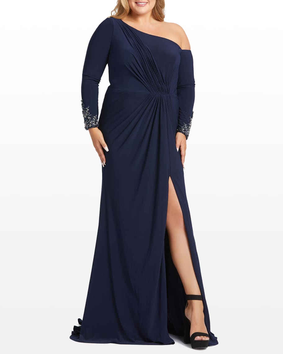 Mac Duggal Plus Size One-Shoulder Long-Sleeve Jersey Gown | Neiman Marcus