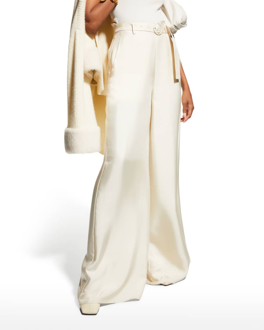 LAPOINTE Belted Wide-Leg Silk Twill Pants | Neiman Marcus