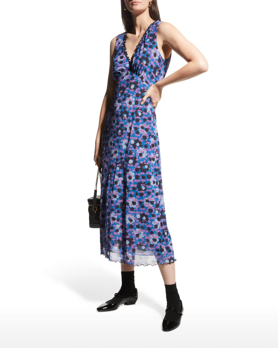 Anna Sui Sapphire Flowers Mesh Midi Dress | Neiman Marcus